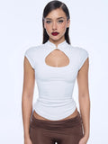 BUM_STUDIO_Cutout_Stand_Collar_Cinched_Waist_Cap_Sleeve_Women's_Nylon_Short_Sleeve_T-shirts_1012481586134_MISSTT