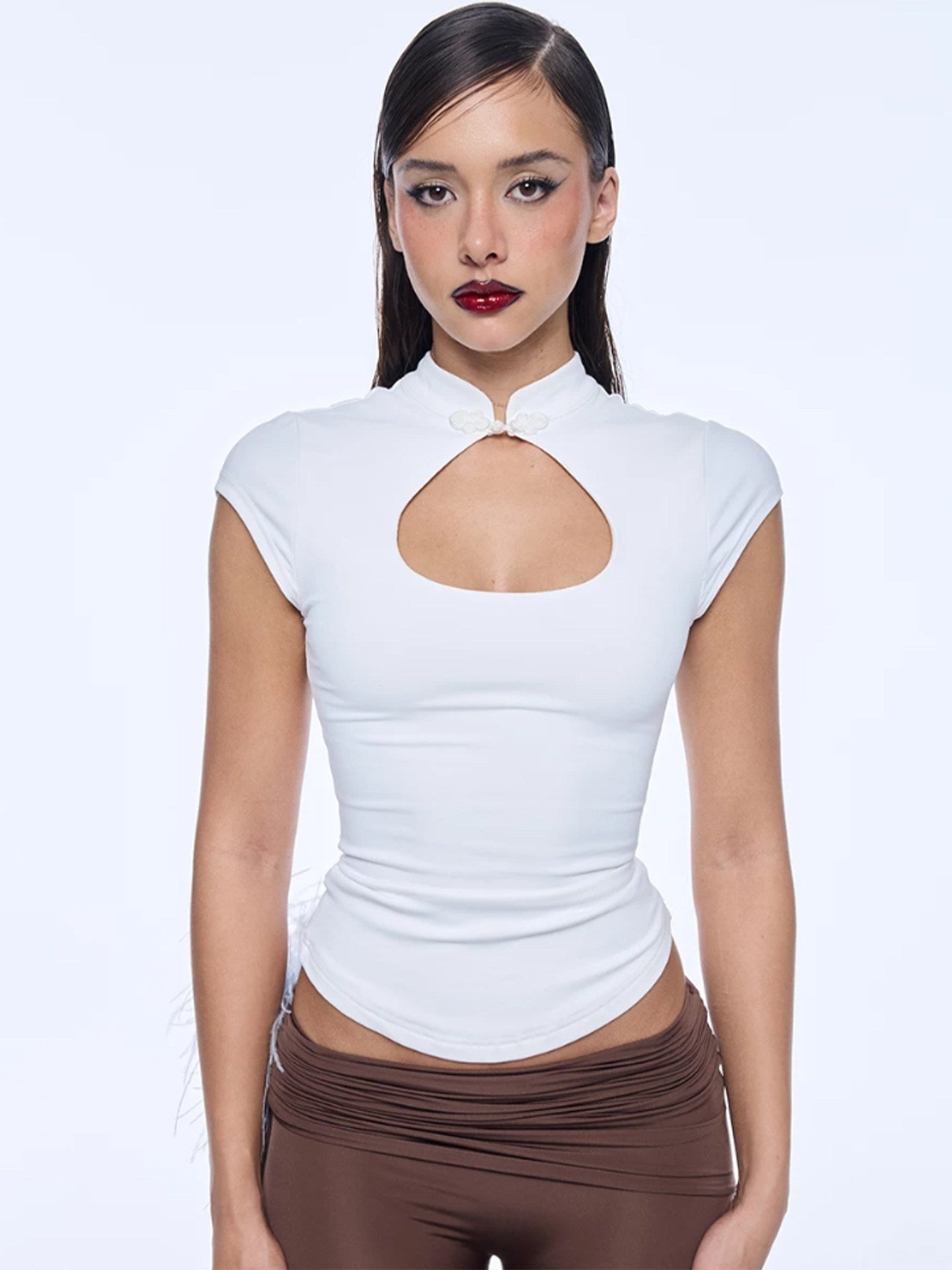 BUM_STUDIO_Cutout_Stand_Collar_Cinched_Waist_Cap_Sleeve_Women's_Nylon_Short_Sleeve_T-shirts_1012481586134_MISSTT