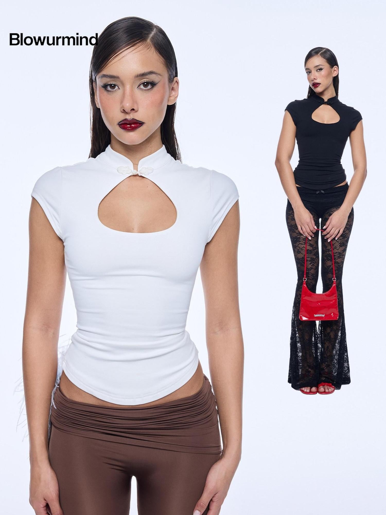 BUM STUDIO Cutout Stand Collar Cinched Waist Cap Sleeve Women's Nylon Short Sleeve T-shirts