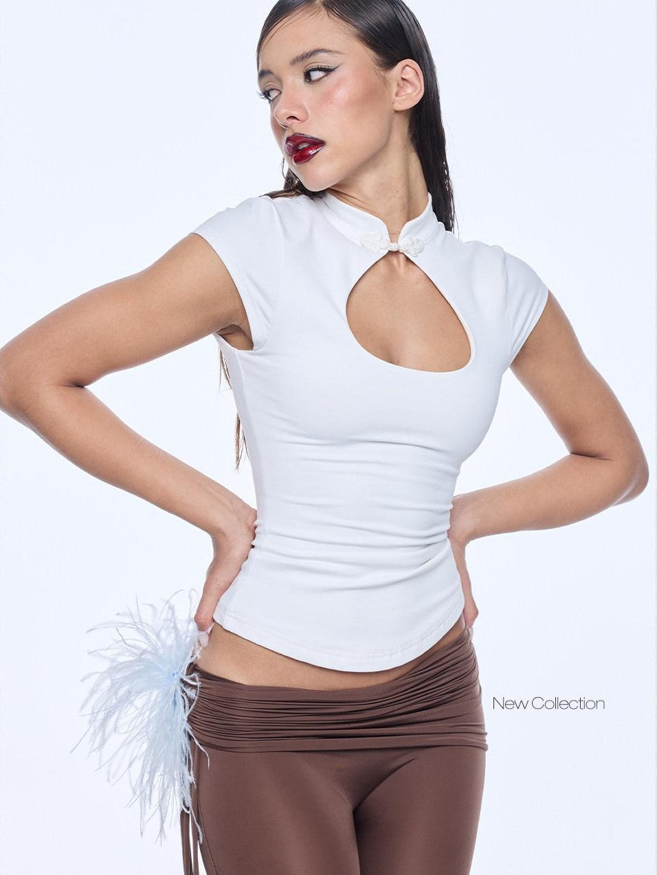 BUM STUDIO Cutout Stand Collar Cinched Waist Cap Sleeve Women's Nylon Short Sleeve T-shirts