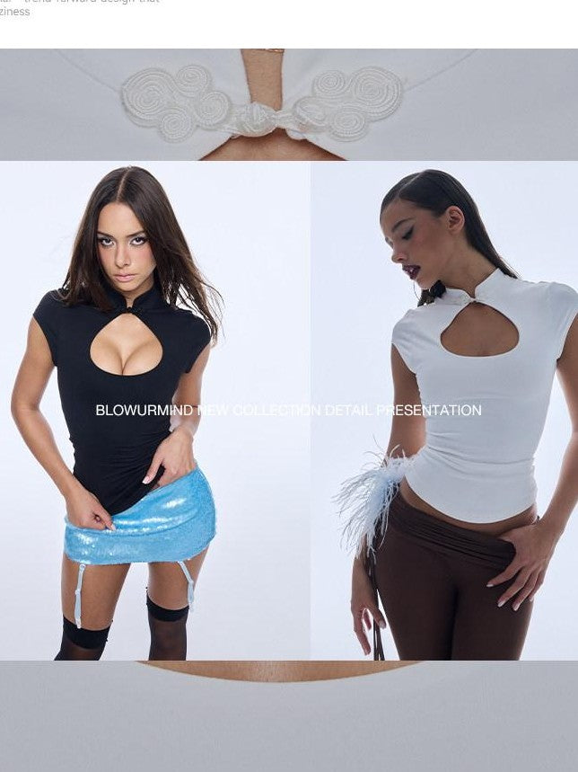 BUM STUDIO Cutout Stand Collar Cinched Waist Cap Sleeve Women's Nylon Short Sleeve T-shirts