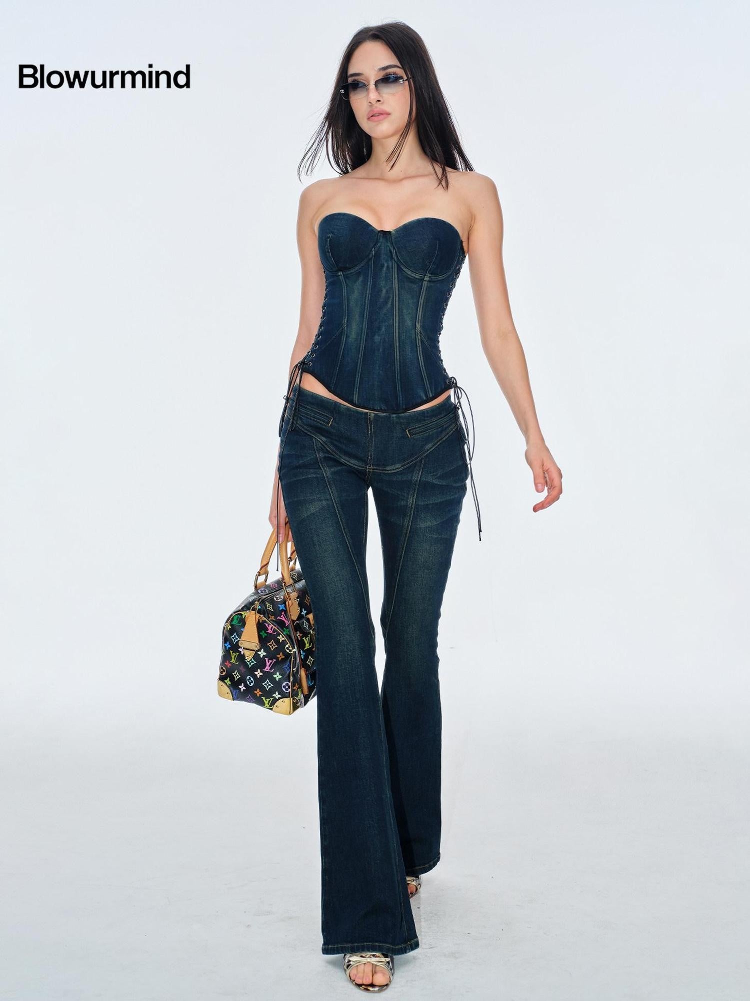 BUM STUDIO Deep Blue Cropped Adjustable Waist Lace Up Zip Slim Women's Denim Tube Tops