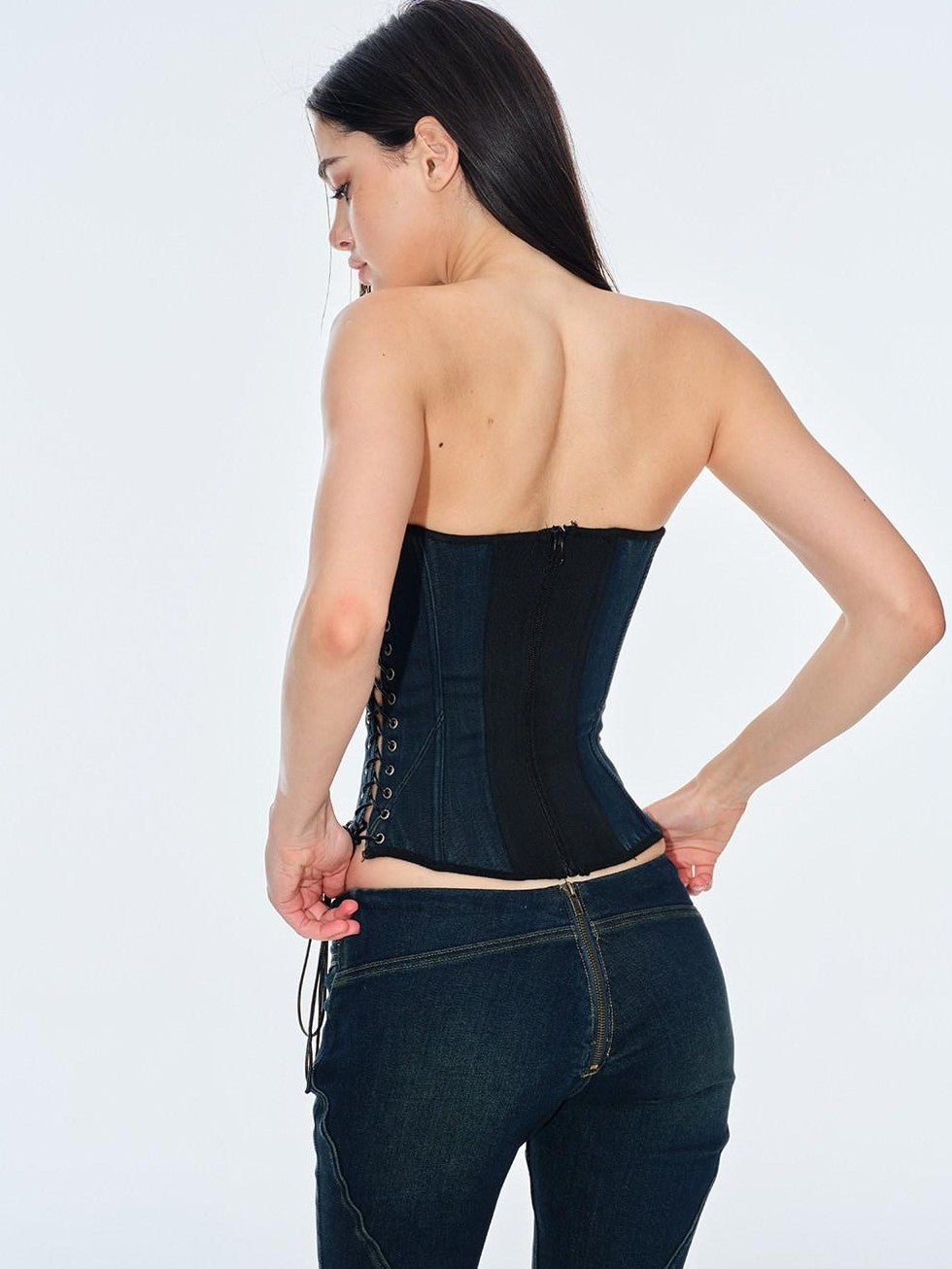 BUM STUDIO Deep Blue Cropped Adjustable Waist Lace Up Zip Slim Women's Denim Tube Tops