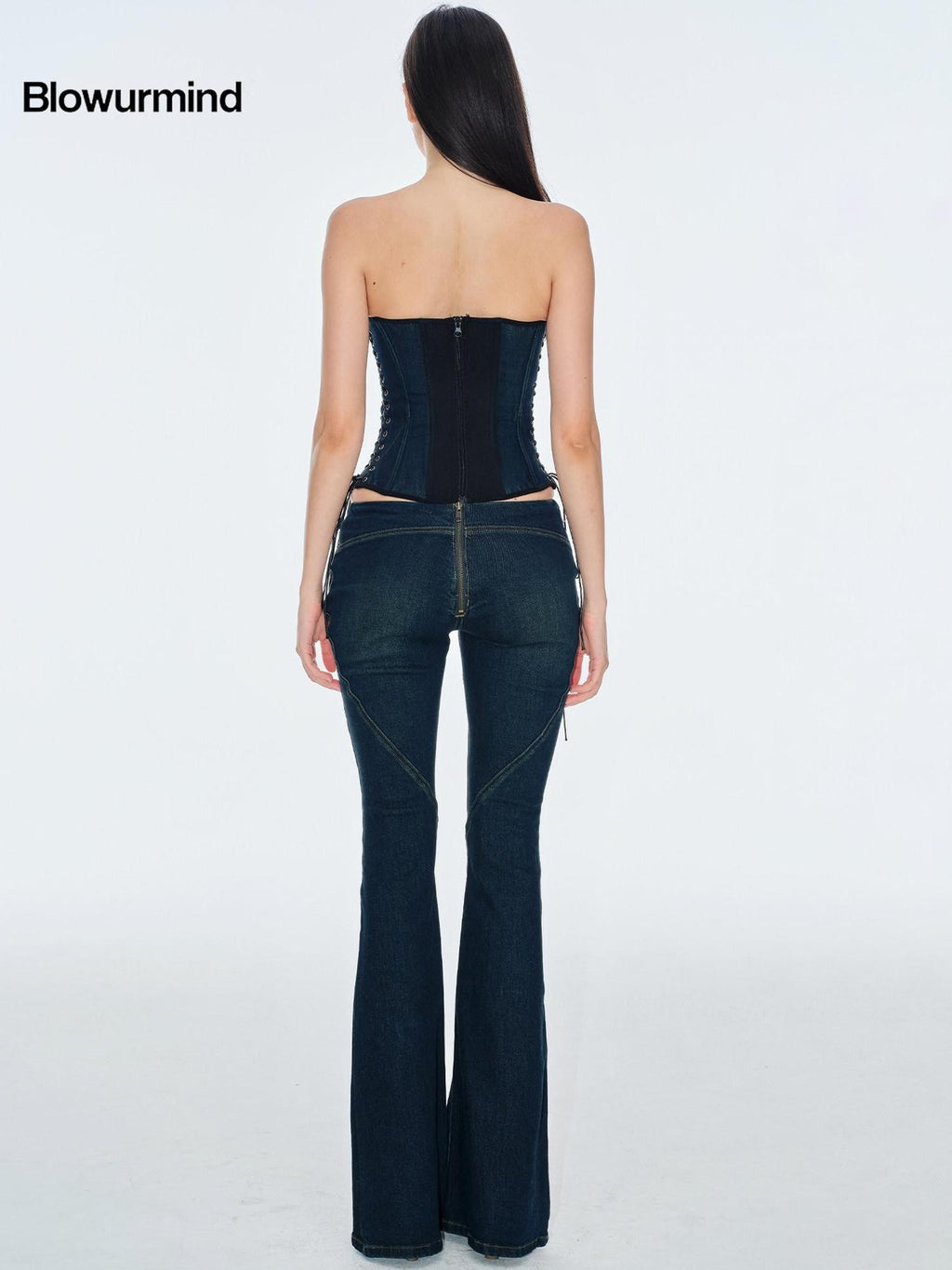 BUM STUDIO Deep Blue Cropped Adjustable Waist Lace Up Zip Slim Women's Denim Tube Tops