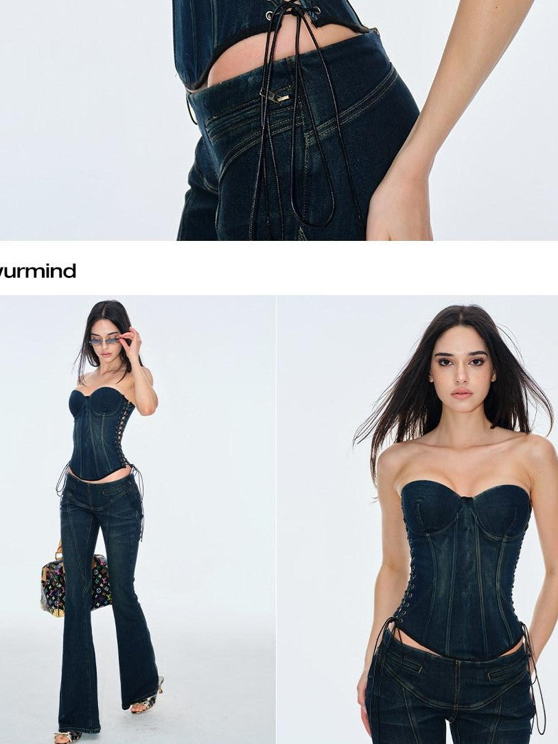 BUM STUDIO Deep Blue Cropped Adjustable Waist Lace Up Zip Slim Women's Denim Tube Tops