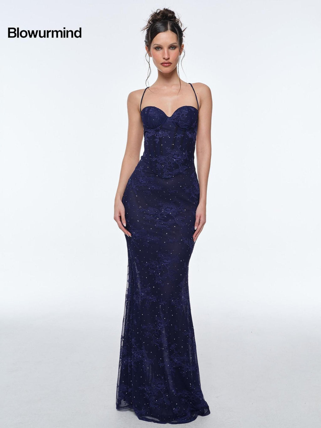 BUM STUDIO Deep Blue Lace Double Layer Boned Waist Mermaid Women's Bodycon Maxi Dresses