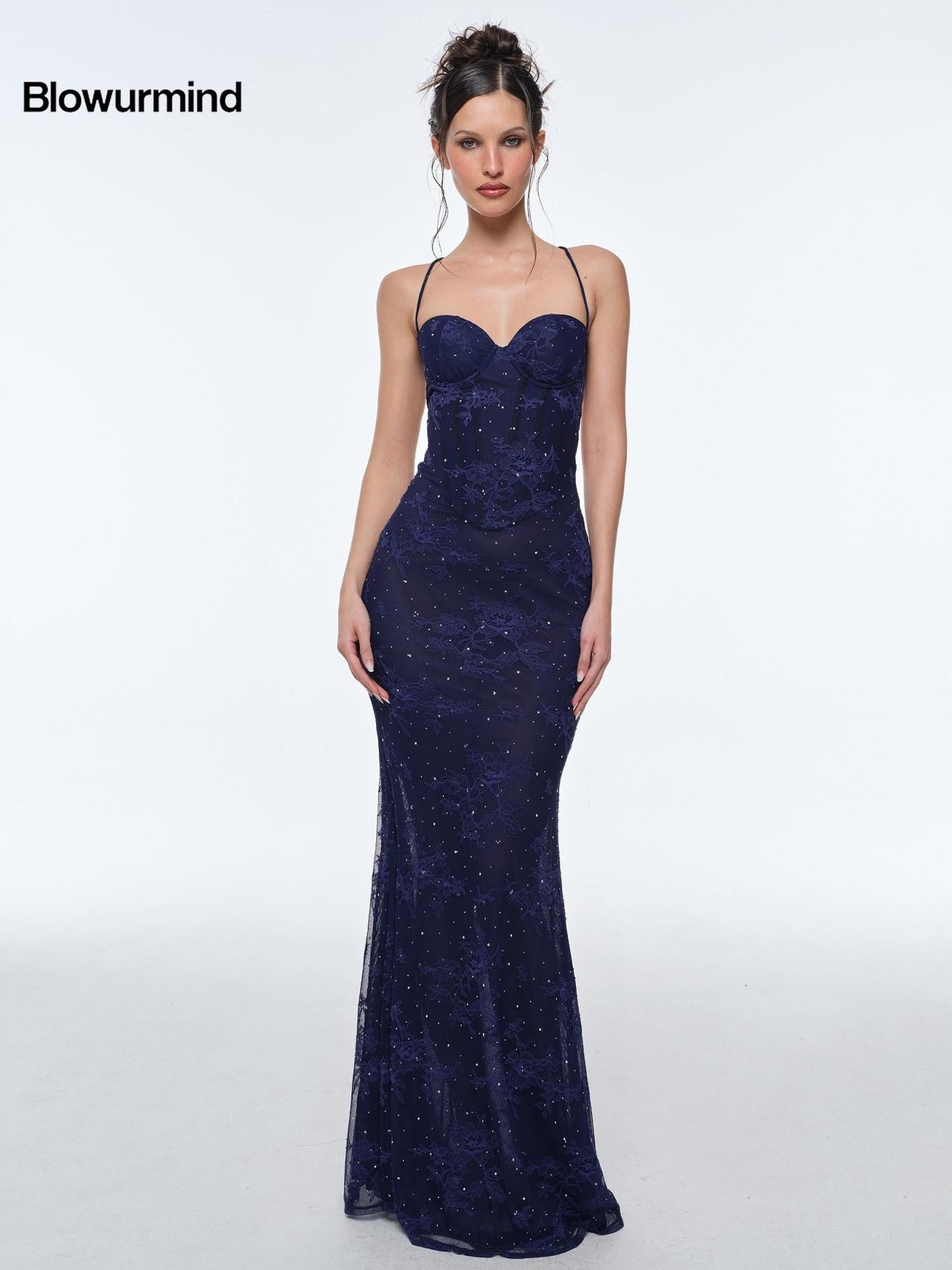 BUM STUDIO Deep Blue Lace Double Layer Boned Waist Mermaid Women's Bodycon Maxi Dresses