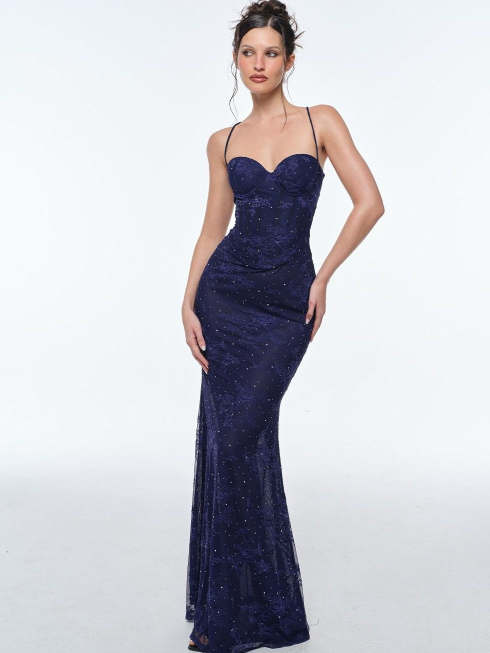 BUM STUDIO Deep Blue Lace Double Layer Boned Waist Mermaid Women's Bodycon Maxi Dresses