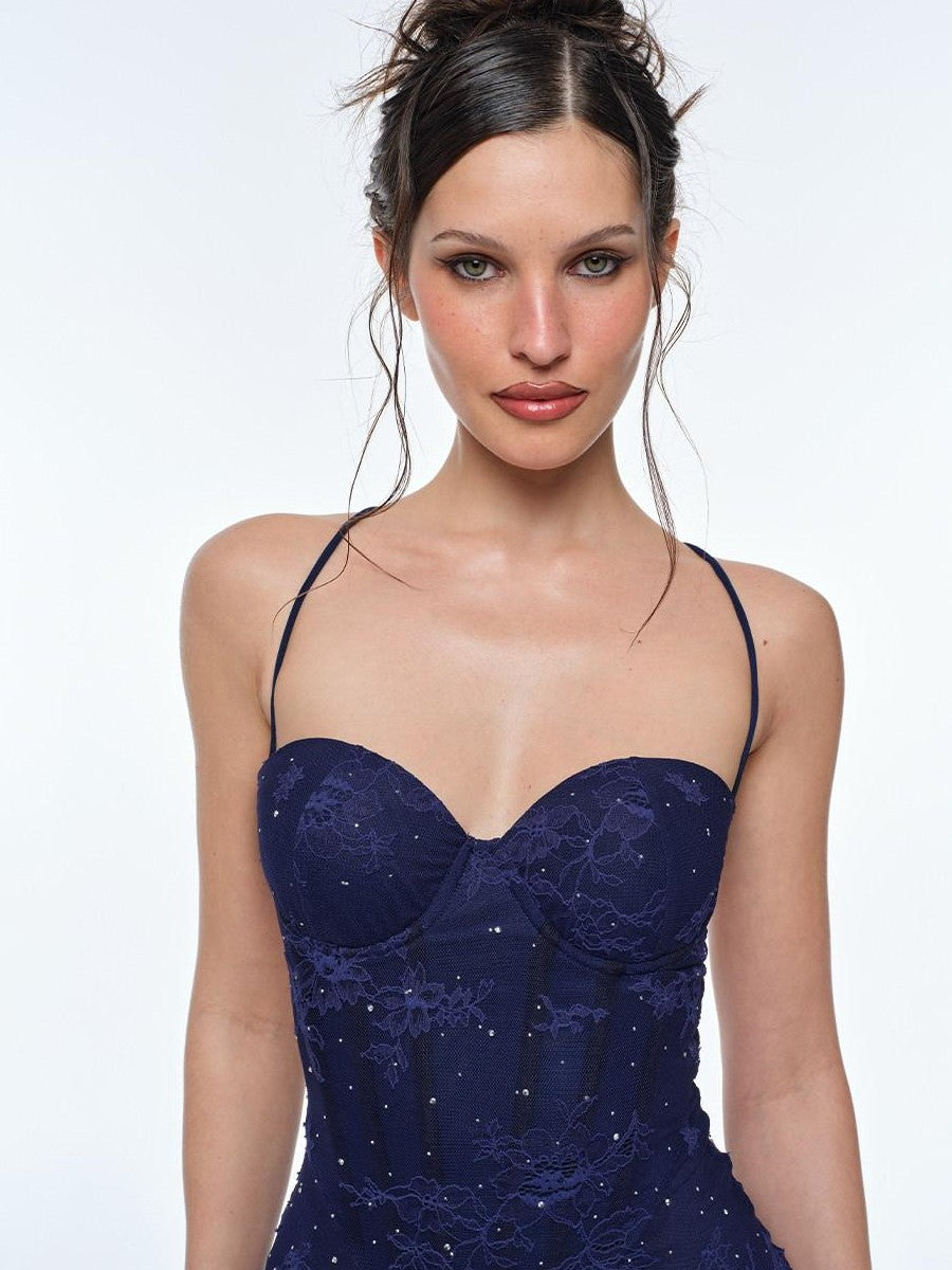 BUM STUDIO Deep Blue Lace Double Layer Boned Waist Mermaid Women's Bodycon Maxi Dresses