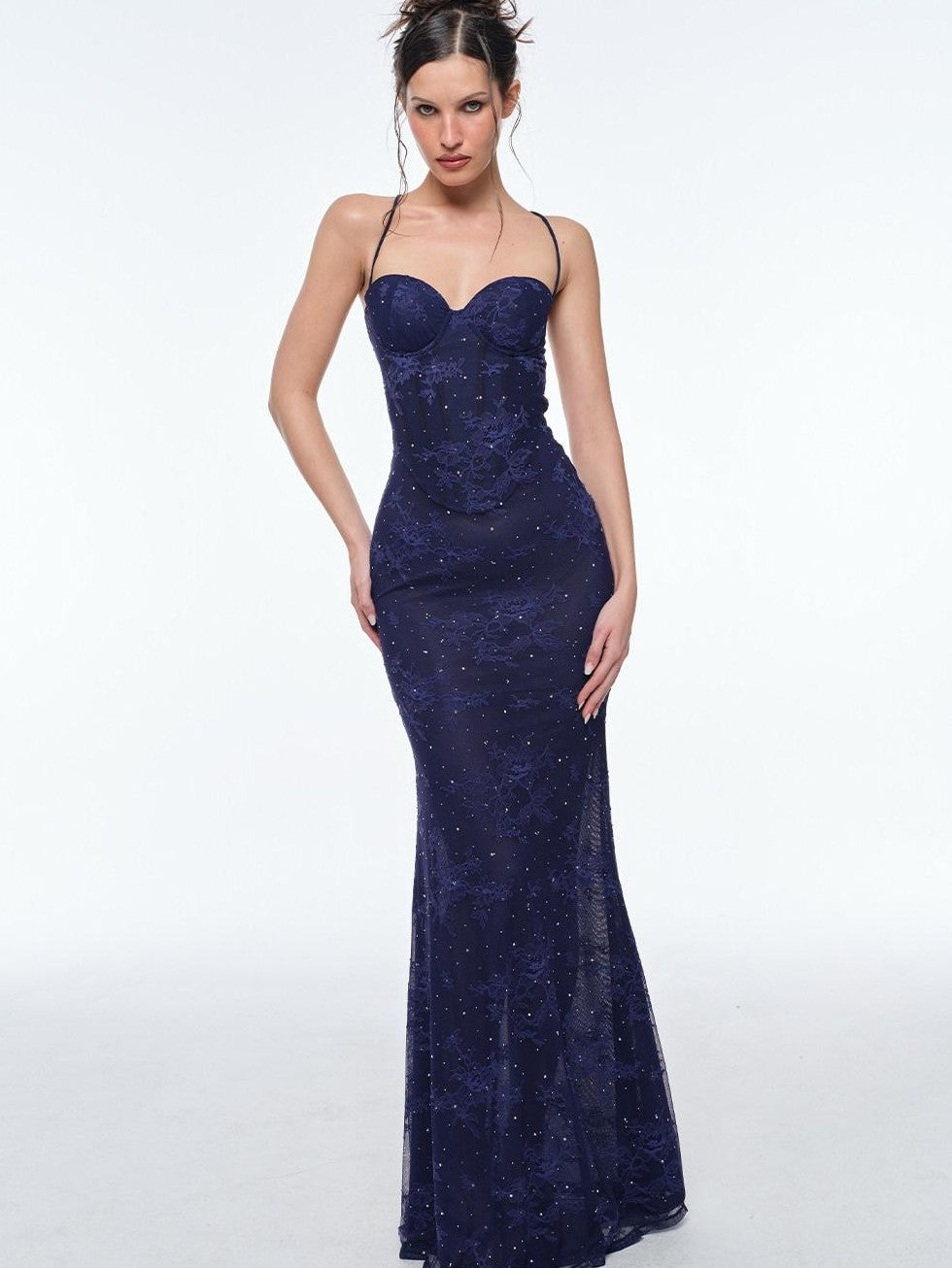 BUM STUDIO Deep Blue Lace Double Layer Boned Waist Mermaid Women's Bodycon Maxi Dresses
