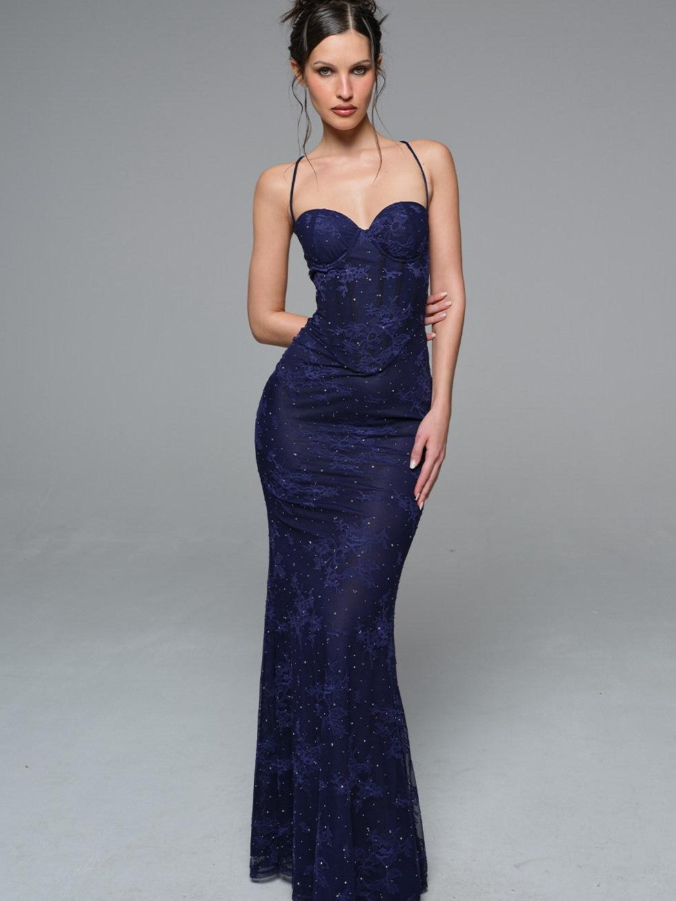 BUM STUDIO Deep Blue Lace Double Layer Boned Waist Mermaid Women's Bodycon Maxi Dresses