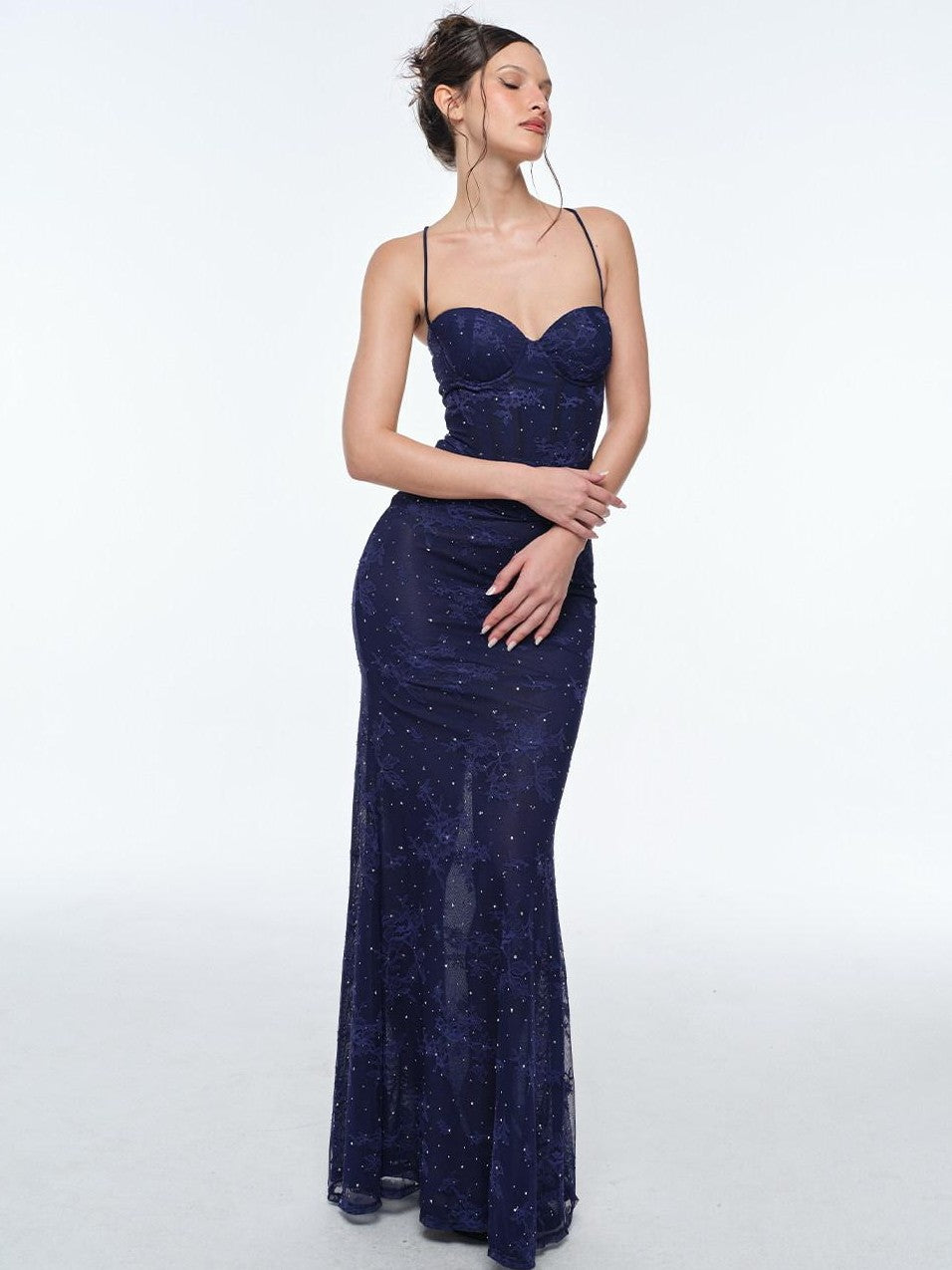 BUM STUDIO Deep Blue Lace Double Layer Boned Waist Mermaid Women's Bodycon Maxi Dresses
