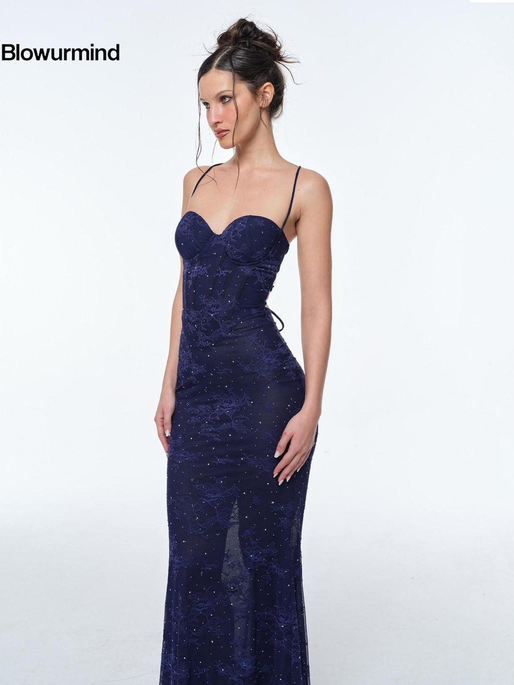 BUM STUDIO Deep Blue Lace Double Layer Boned Waist Mermaid Women's Bodycon Maxi Dresses