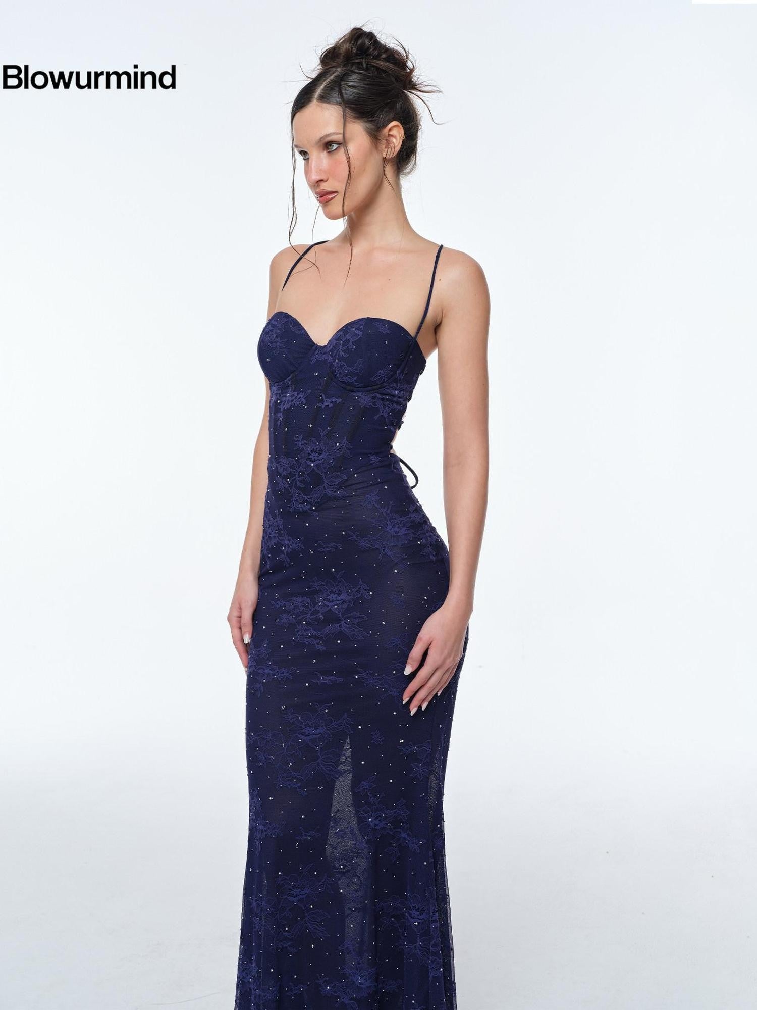 BUM STUDIO Deep Blue Lace Double Layer Boned Waist Mermaid Women's Bodycon Maxi Dresses