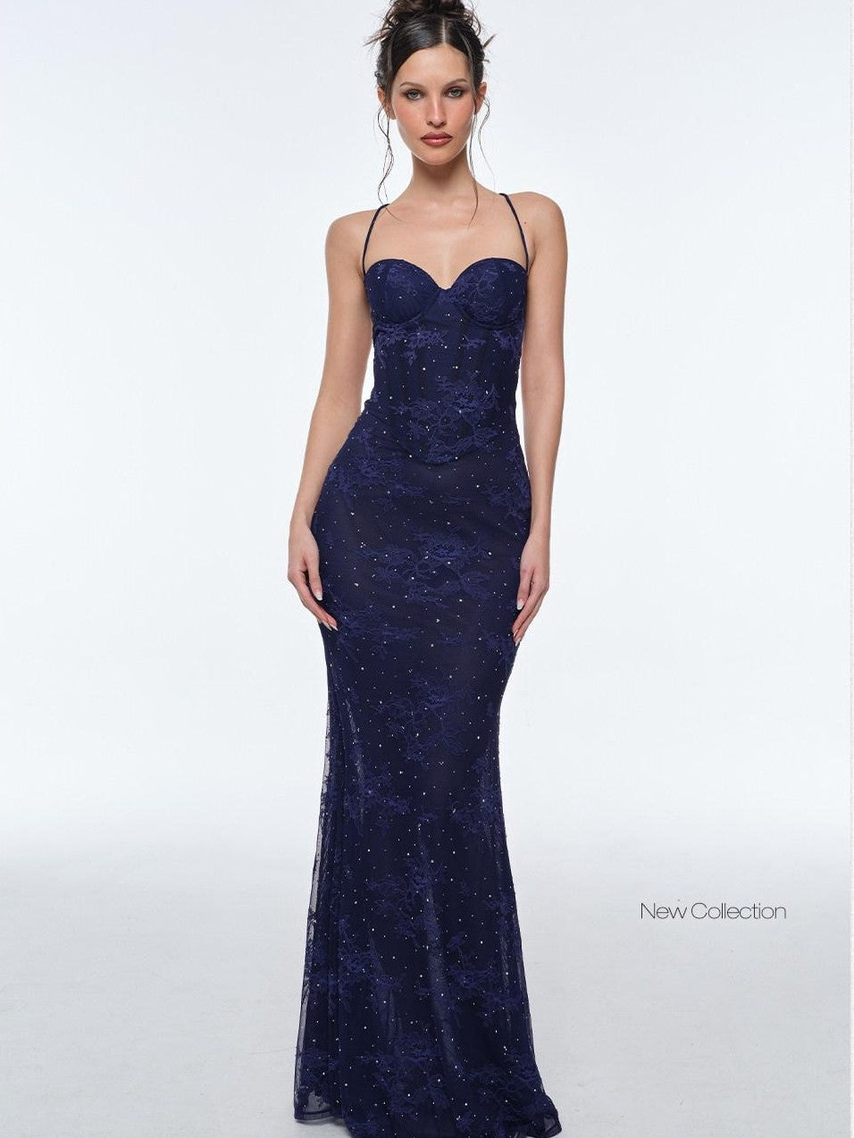 BUM STUDIO Deep Blue Lace Double Layer Boned Waist Mermaid Women's Bodycon Maxi Dresses