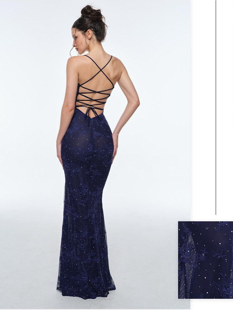 BUM STUDIO Deep Blue Lace Double Layer Boned Waist Mermaid Women's Bodycon Maxi Dresses