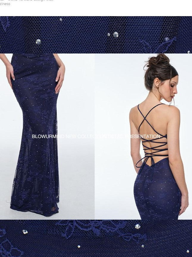 BUM STUDIO Deep Blue Lace Double Layer Boned Waist Mermaid Women's Bodycon Maxi Dresses
