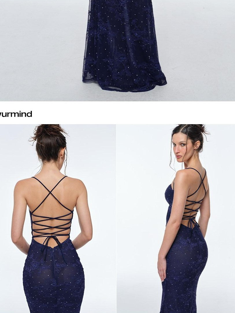BUM STUDIO Deep Blue Lace Double Layer Boned Waist Mermaid Women's Bodycon Maxi Dresses