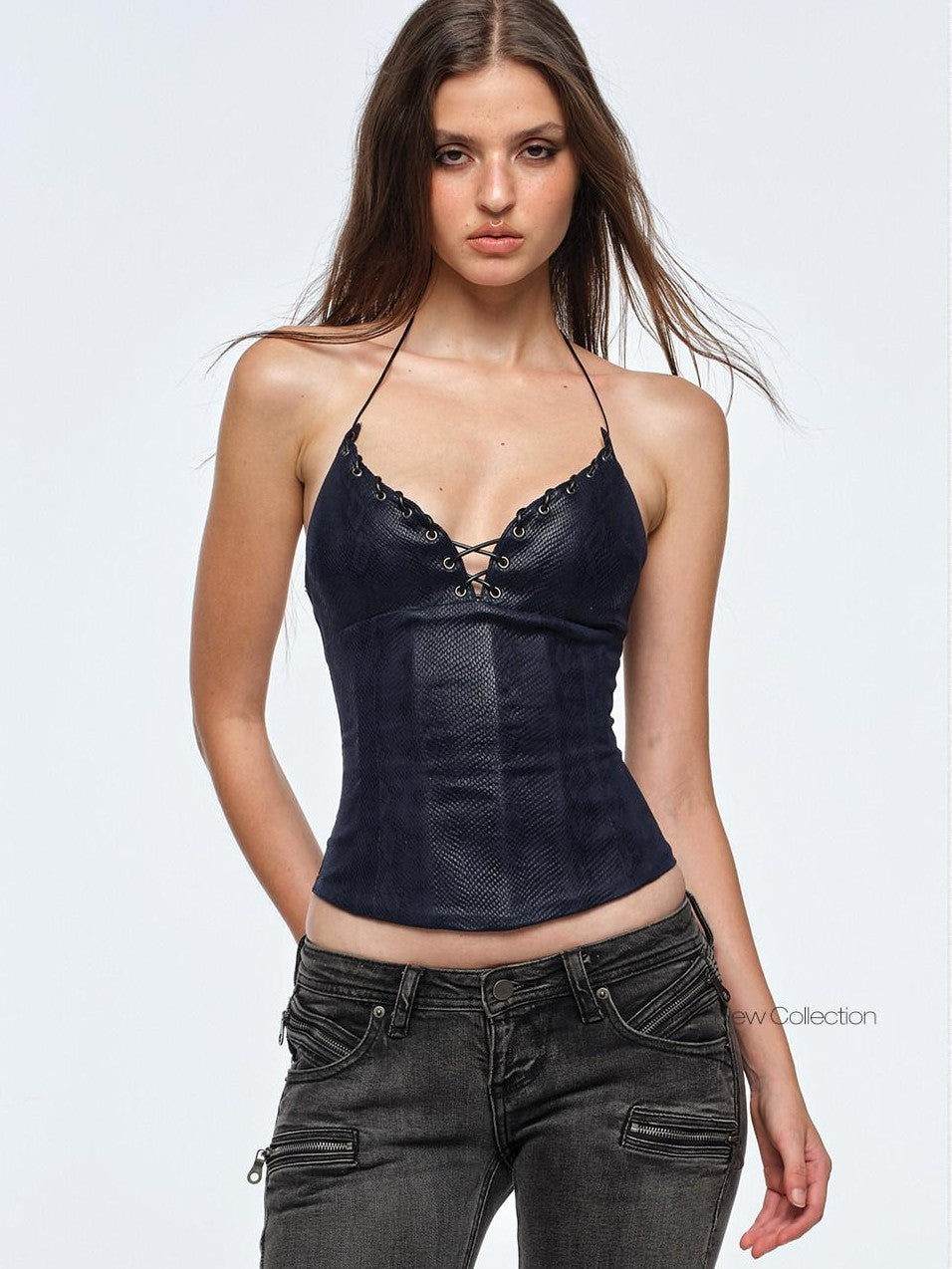BUM STUDIO Deep Blue Snakeprint Double Layer Shaping Thin Strap Boned Women's Halter Tops