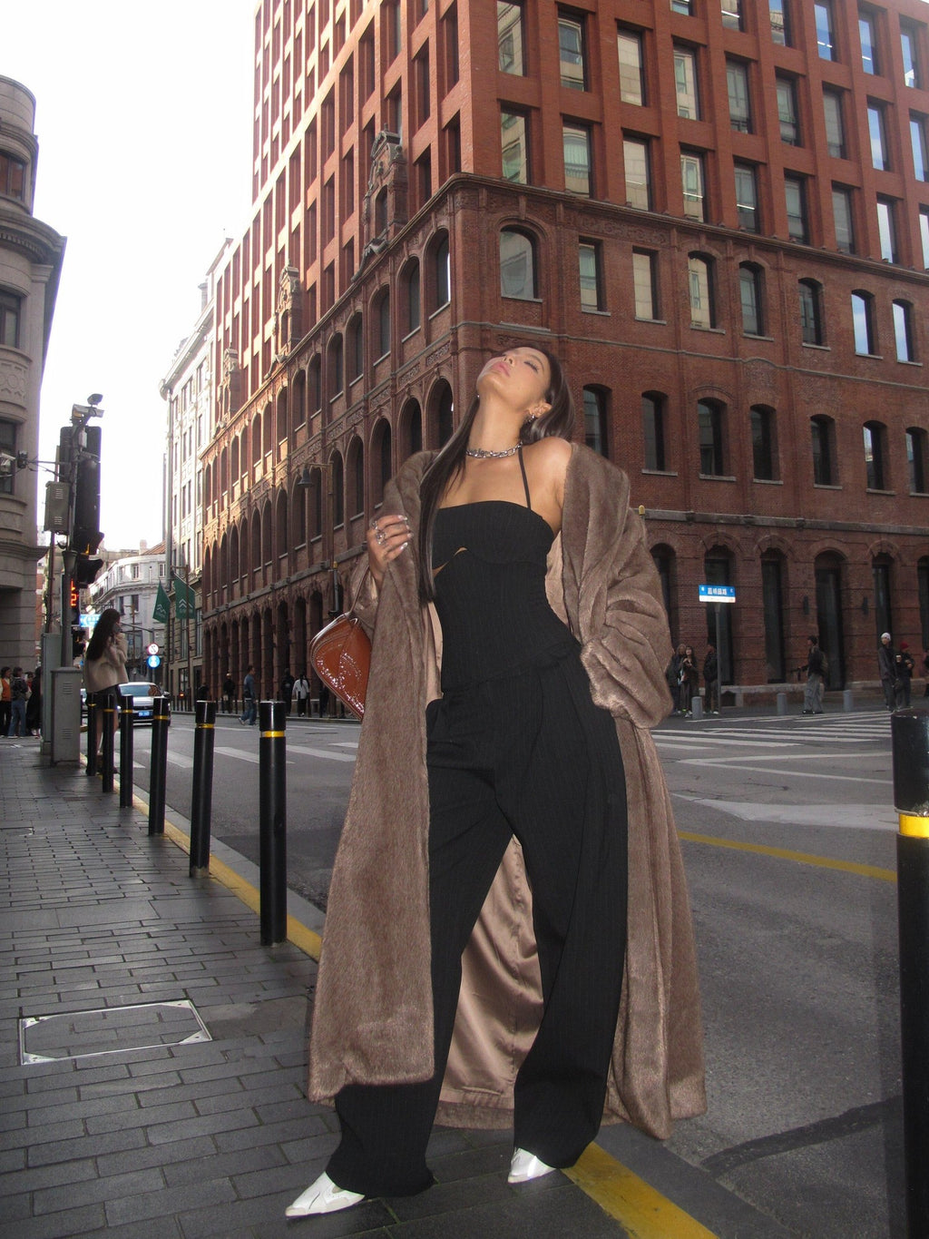 BUM STUDIO Deep Brown Mink Texture V-neck Three Button Loose Women's Linen Faux Fur Coats