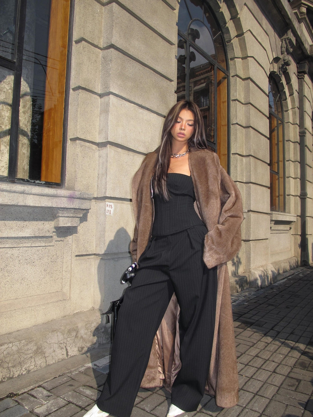 BUM STUDIO Deep Brown Mink Texture V-neck Three Button Loose Women's Linen Faux Fur Coats