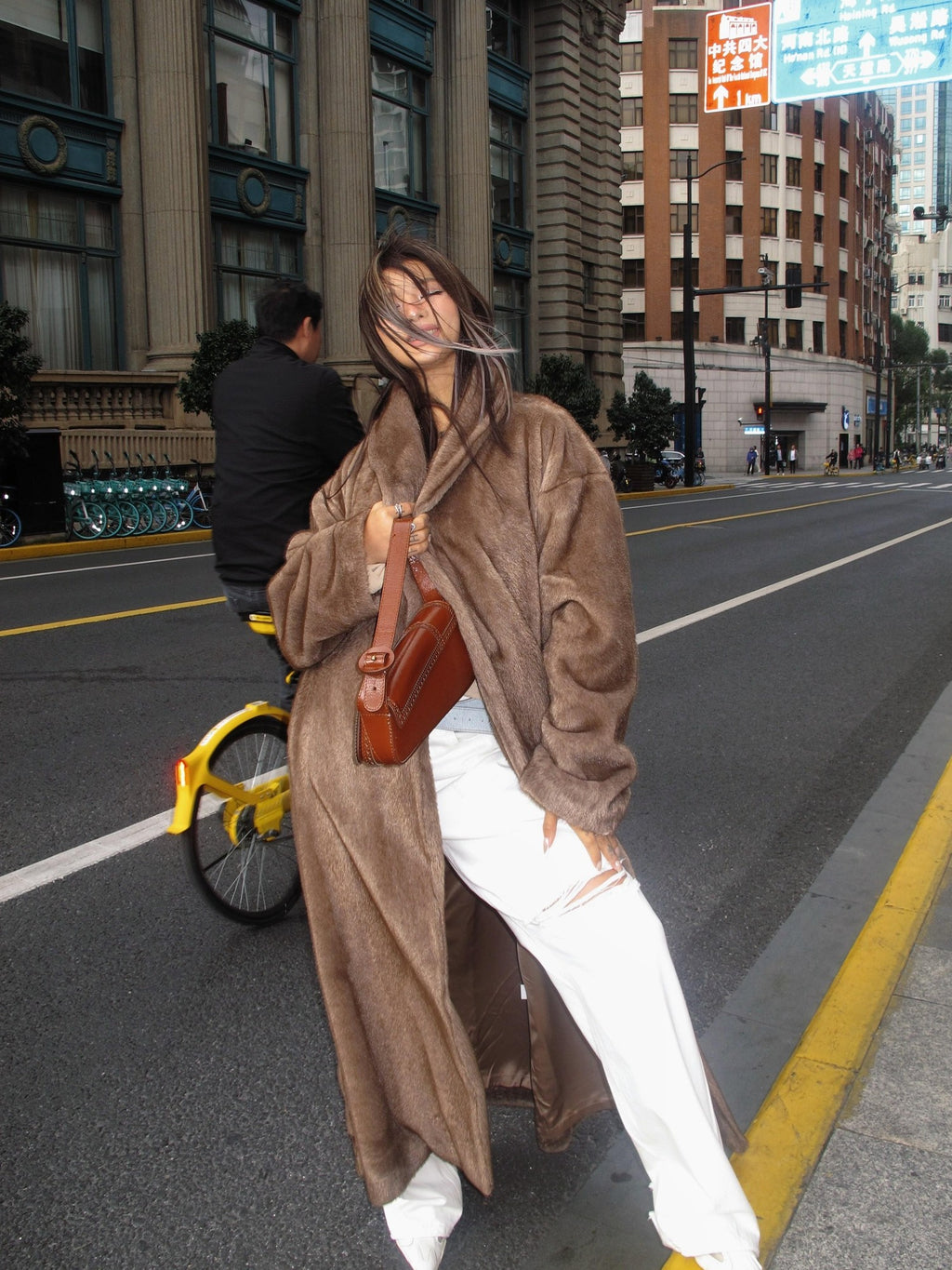 BUM STUDIO Deep Brown Mink Texture V-neck Three Button Loose Women's Linen Faux Fur Coats