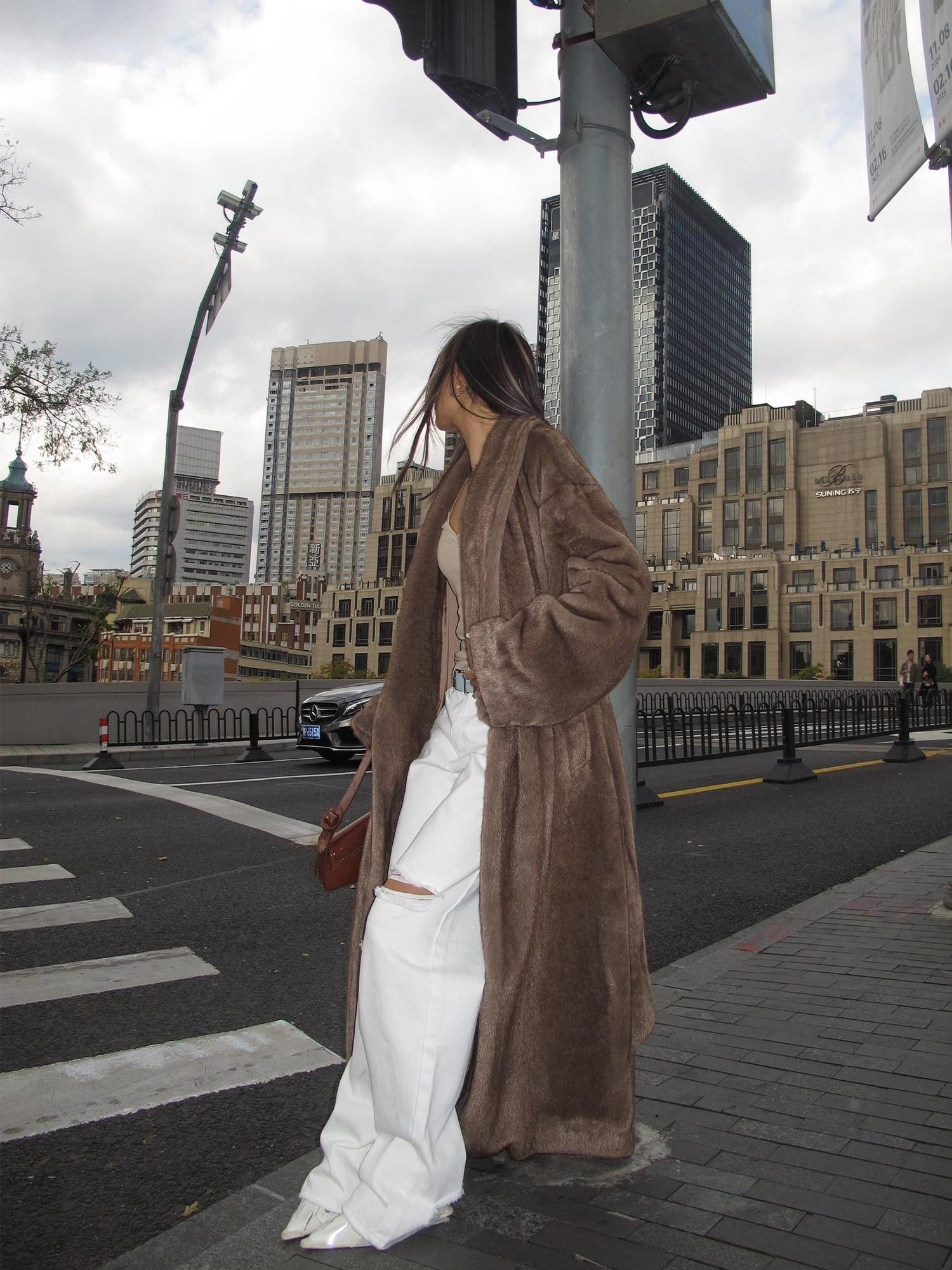 BUM STUDIO Deep Brown Mink Texture V-neck Three Button Loose Women's Linen Faux Fur Coats