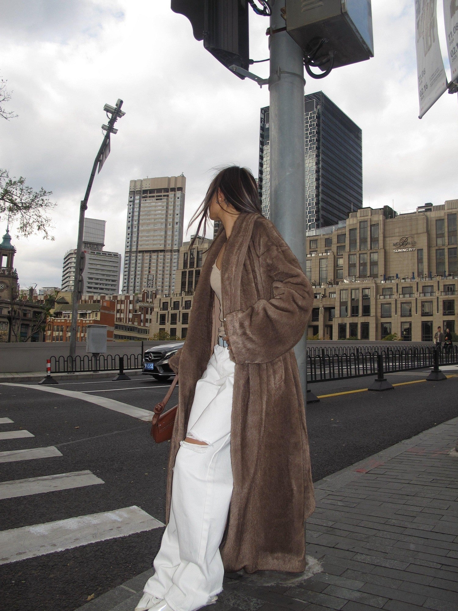 BUM STUDIO Deep Brown Mink Texture V-neck Three Button Loose Women's Linen Faux Fur Coats