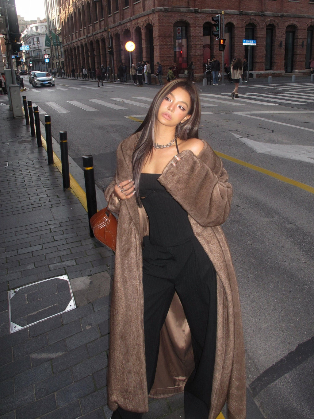 BUM STUDIO Deep Brown Mink Texture V-neck Three Button Loose Women's Linen Faux Fur Coats