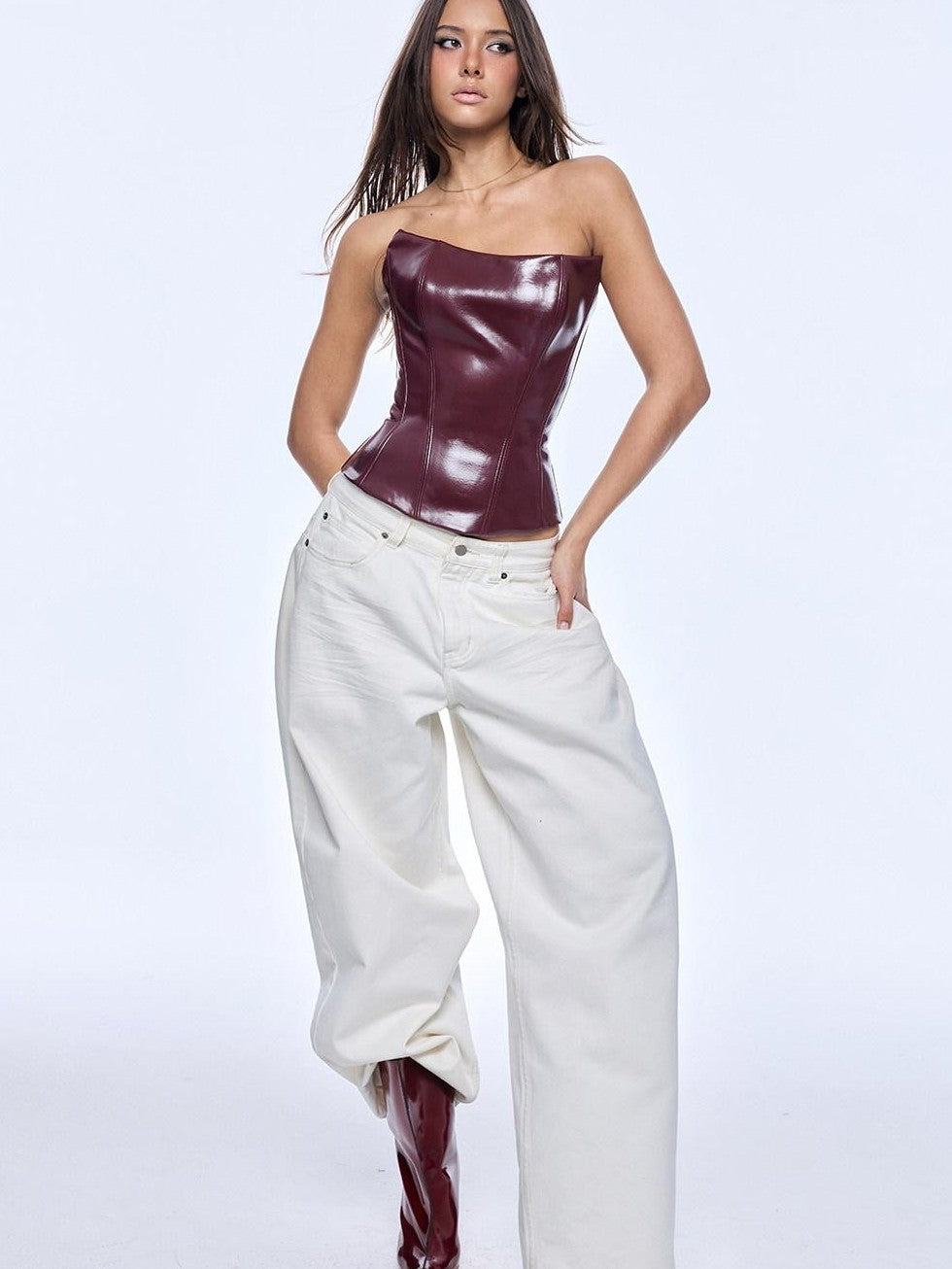 BUM STUDIO Deep Red Cherry Zipper Lace Up Cropped Women's Leather Corset Tops