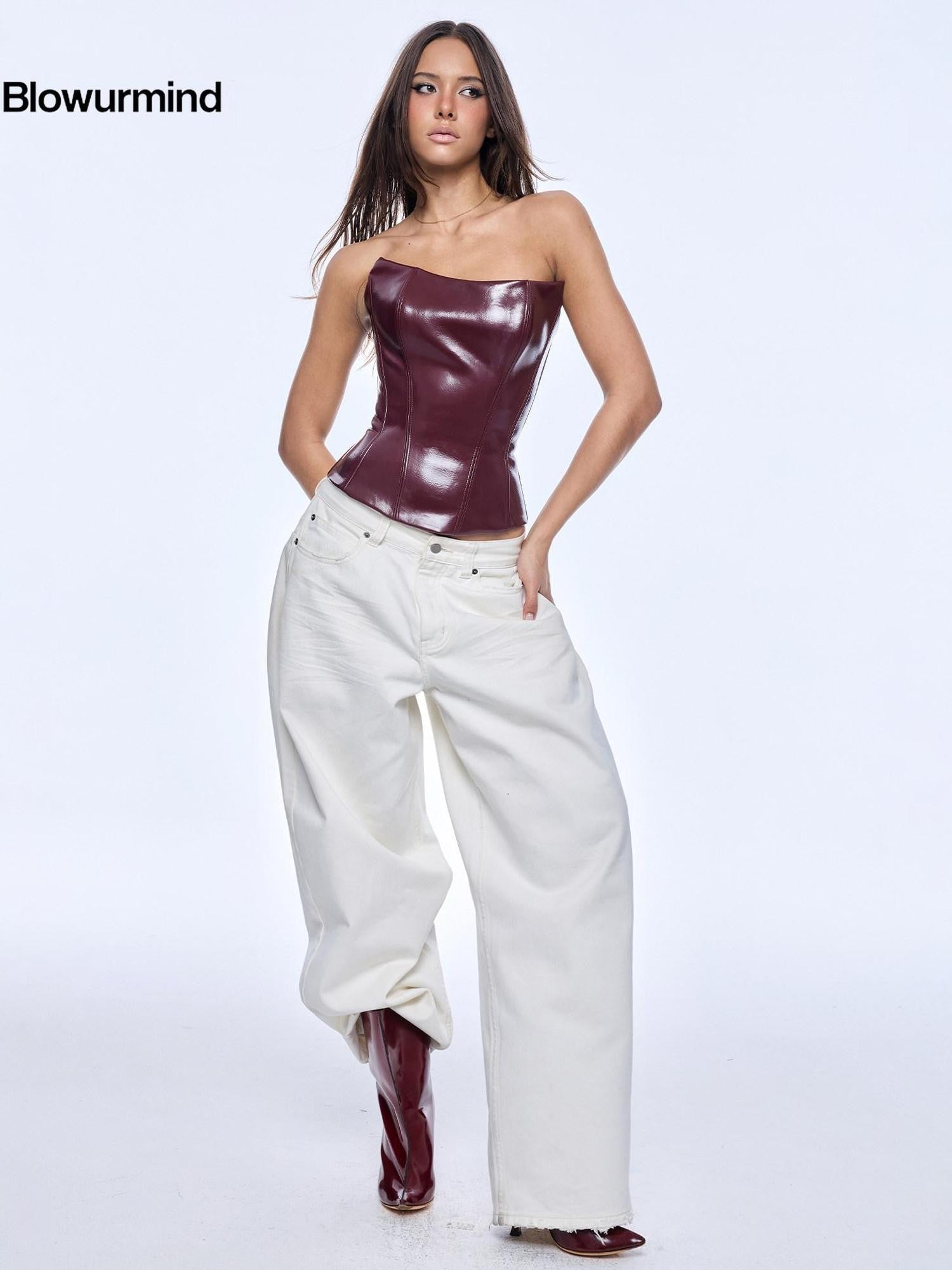BUM STUDIO Deep Red Cherry Zipper Lace Up Cropped Women's Leather Corset Tops