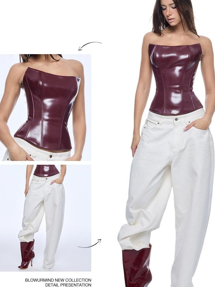 BUM STUDIO Deep Red Cherry Zipper Lace Up Cropped Women's Leather Corset Tops