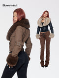 BUM STUDIO Detachable Fur Collar Waist Cinch Slim Zip Women's Pu Leather Cropped Jackets