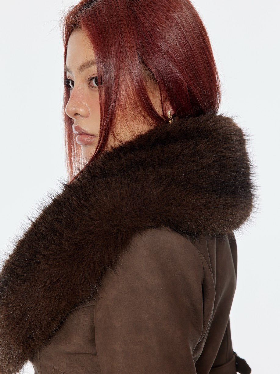 BUM STUDIO Detachable Fur Collar Waist Cinch Slim Zip Women's Pu Leather Cropped Jackets