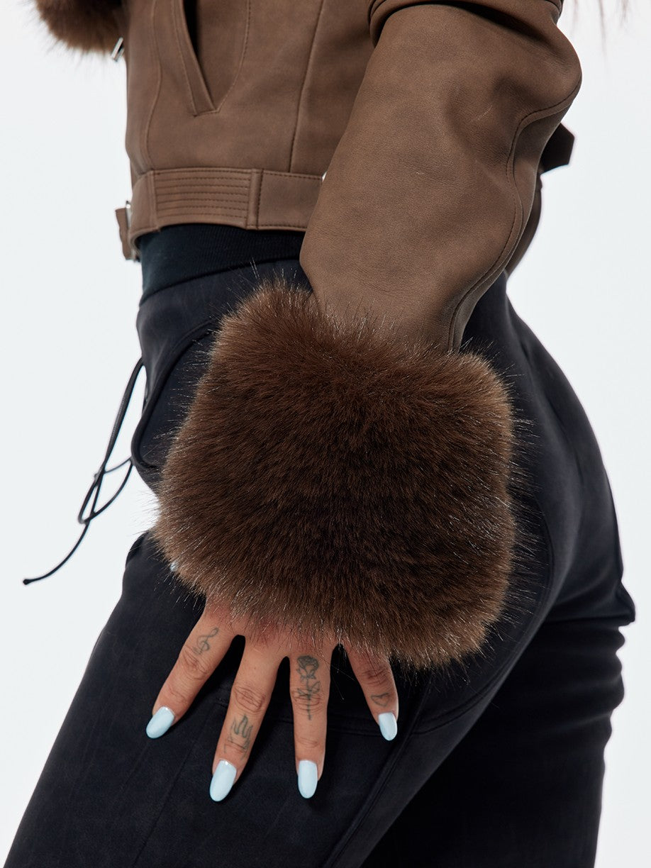 BUM STUDIO Detachable Fur Collar Waist Cinch Slim Zip Women's Pu Leather Cropped Jackets
