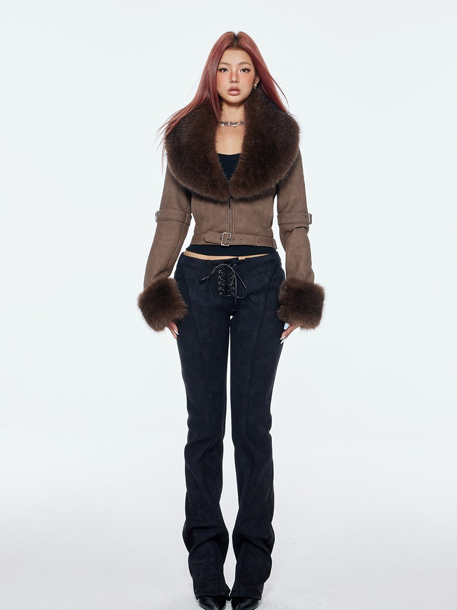 BUM STUDIO Detachable Fur Collar Waist Cinch Slim Zip Women's Pu Leather Cropped Jackets