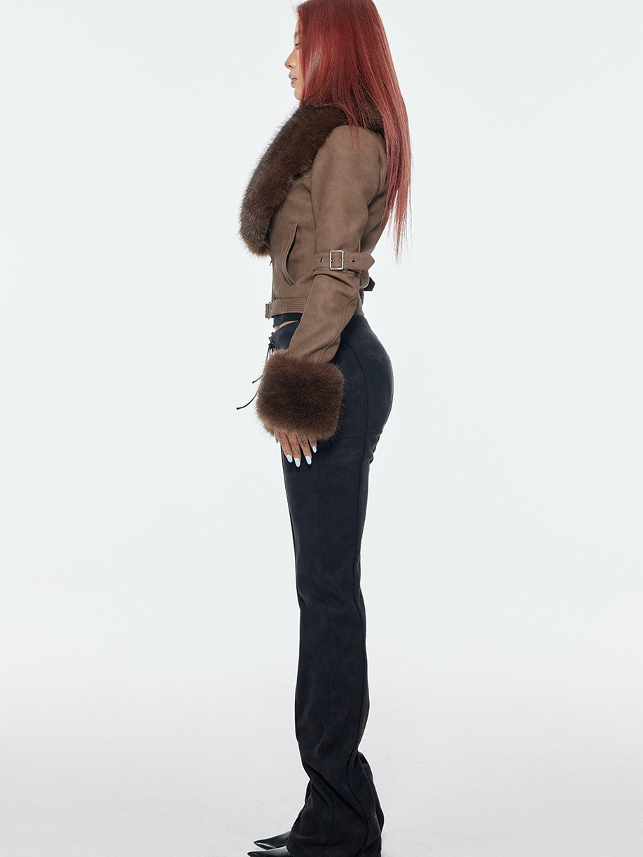 BUM STUDIO Detachable Fur Collar Waist Cinch Slim Zip Women's Pu Leather Cropped Jackets