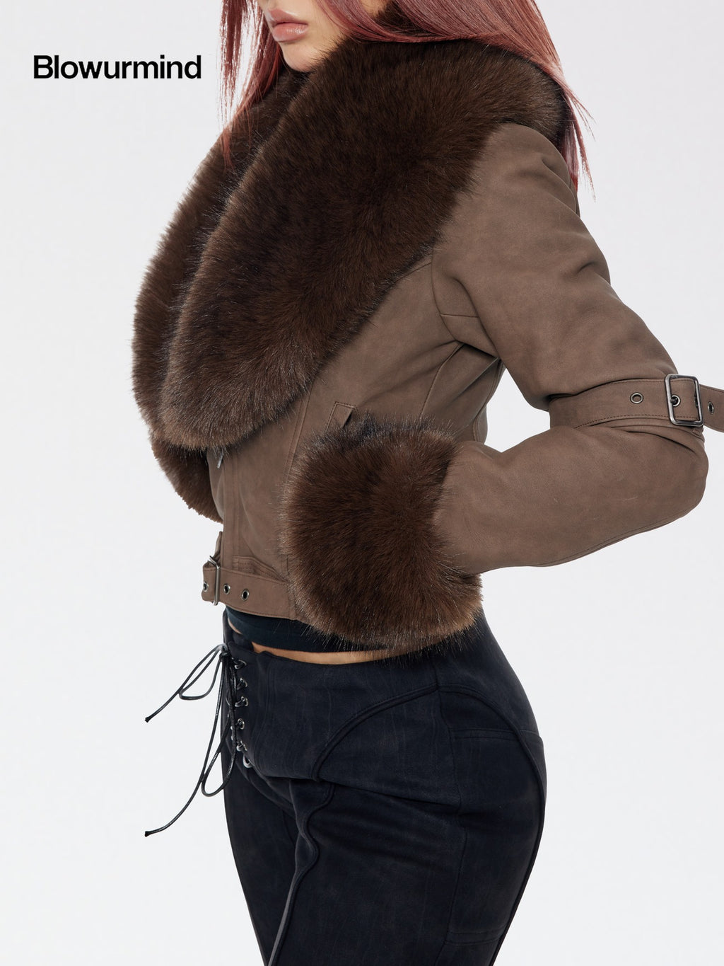 BUM STUDIO Detachable Fur Collar Waist Cinch Slim Zip Women's Pu Leather Cropped Jackets