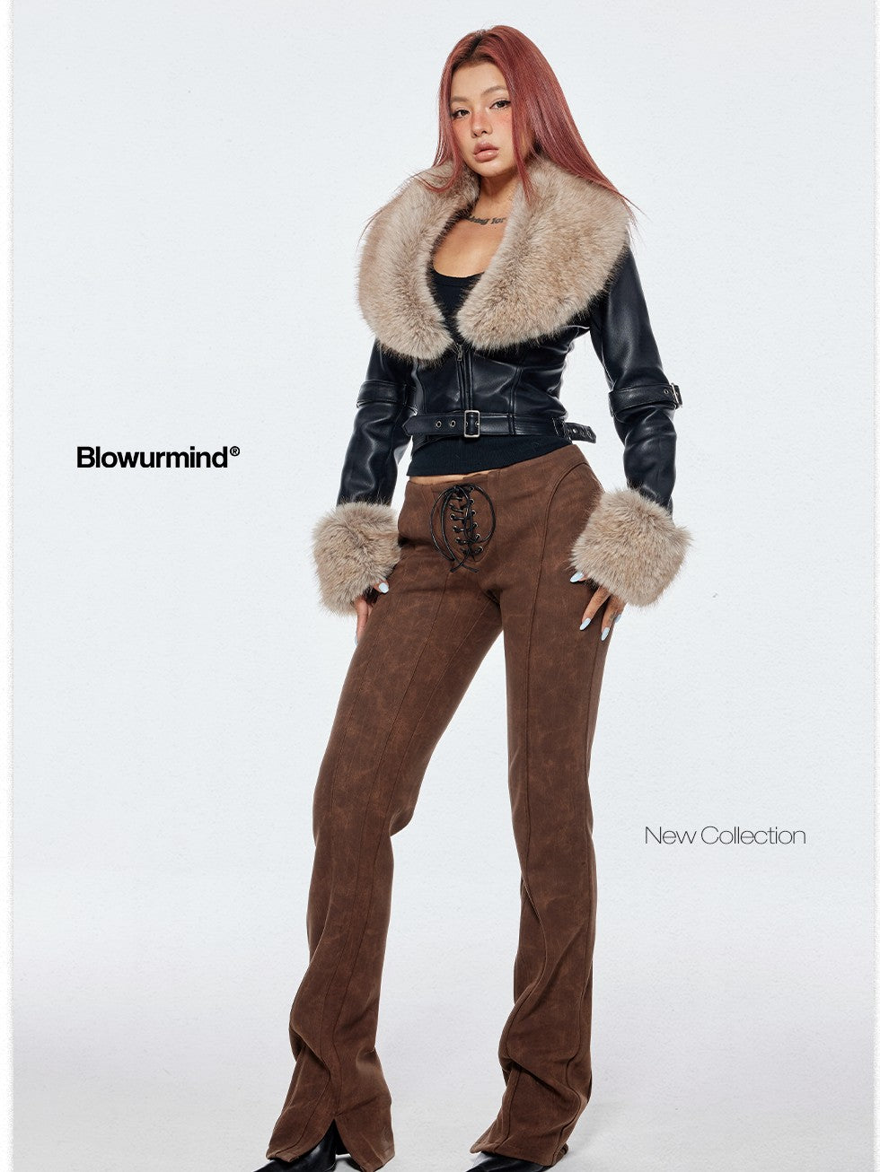 BUM STUDIO Detachable Fur Collar Waist Cinch Slim Zip Women's Pu Leather Cropped Jackets