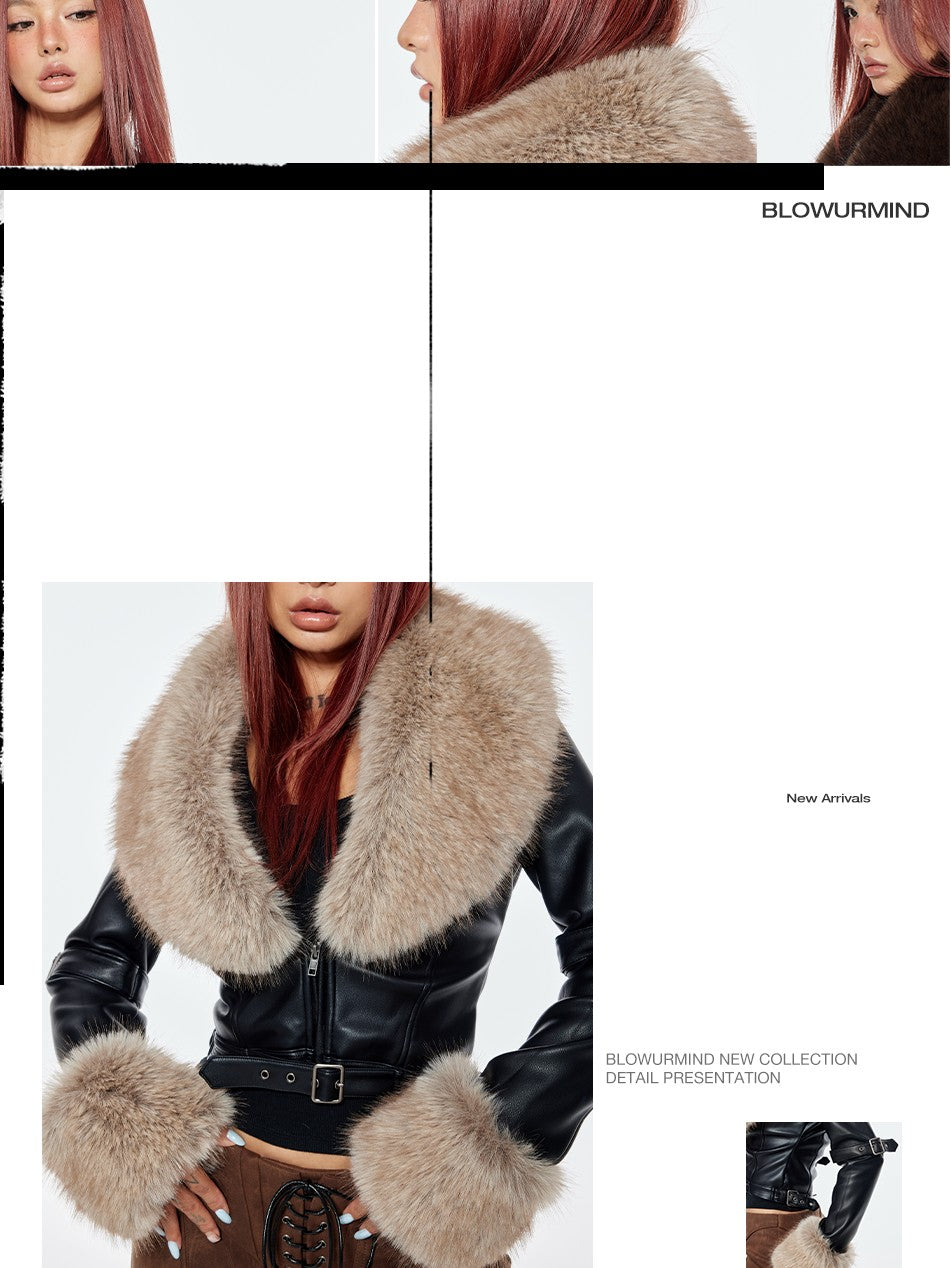 BUM STUDIO Detachable Fur Collar Waist Cinch Slim Zip Women's Pu Leather Cropped Jackets