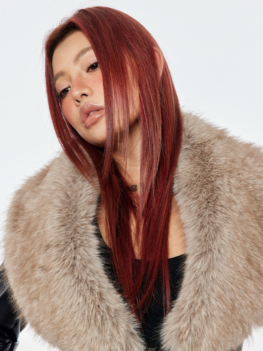 BUM STUDIO Detachable Fur Collar Waist Cinch Slim Zip Women's Pu Leather Cropped Jackets