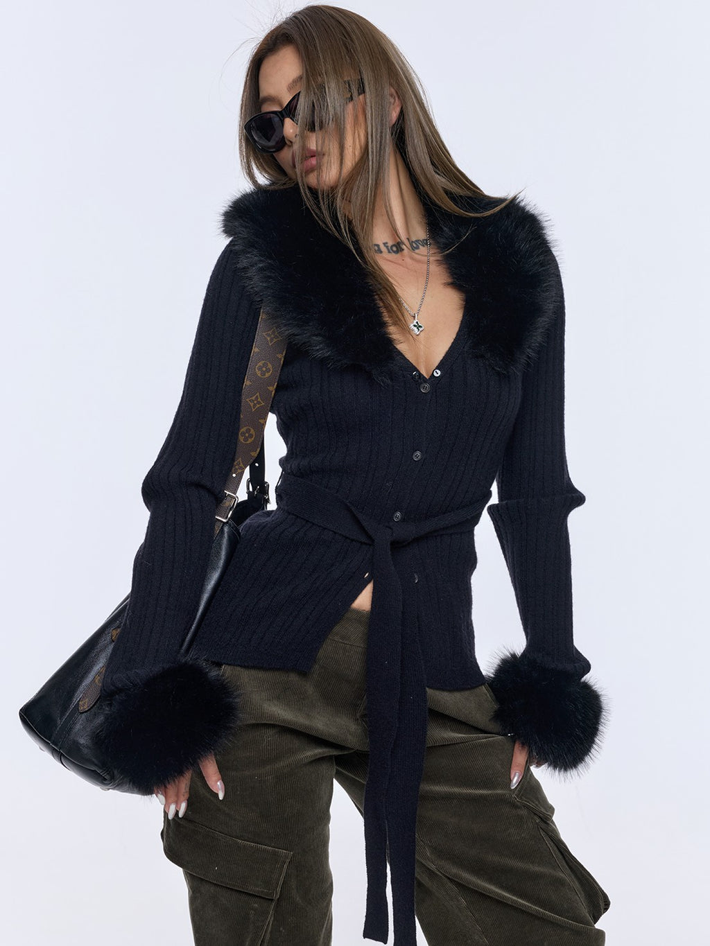 BUM STUDIO Detachable Fuzzy Knit V-neck Buttoned Side Slit Cropped Women's Nylon Cardigans