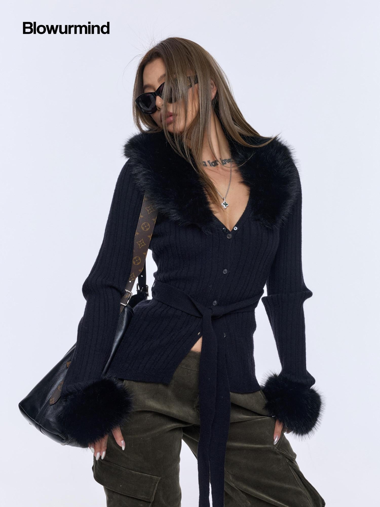 BUM STUDIO Detachable Fuzzy Knit V-neck Buttoned Side Slit Cropped Women's Nylon Cardigans