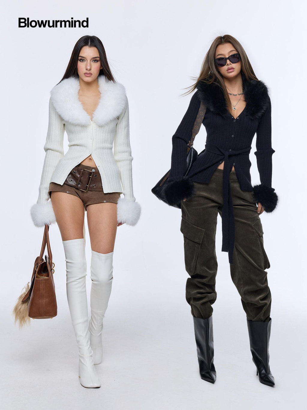 BUM STUDIO Detachable Fuzzy Knit V-neck Buttoned Side Slit Cropped Women's Nylon Cardigans
