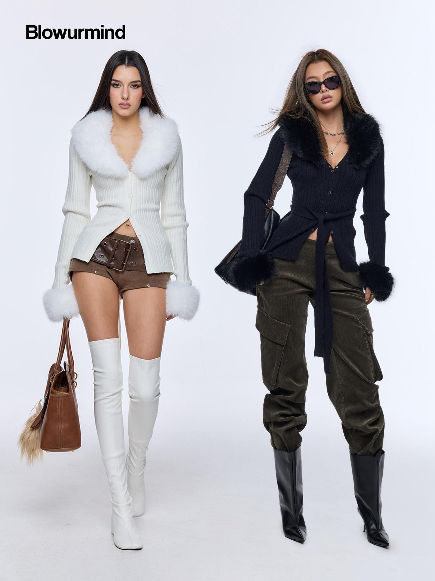 BUM STUDIO Detachable Fuzzy Knit V-neck Buttoned Side Slit Cropped Women's Nylon Cardigans