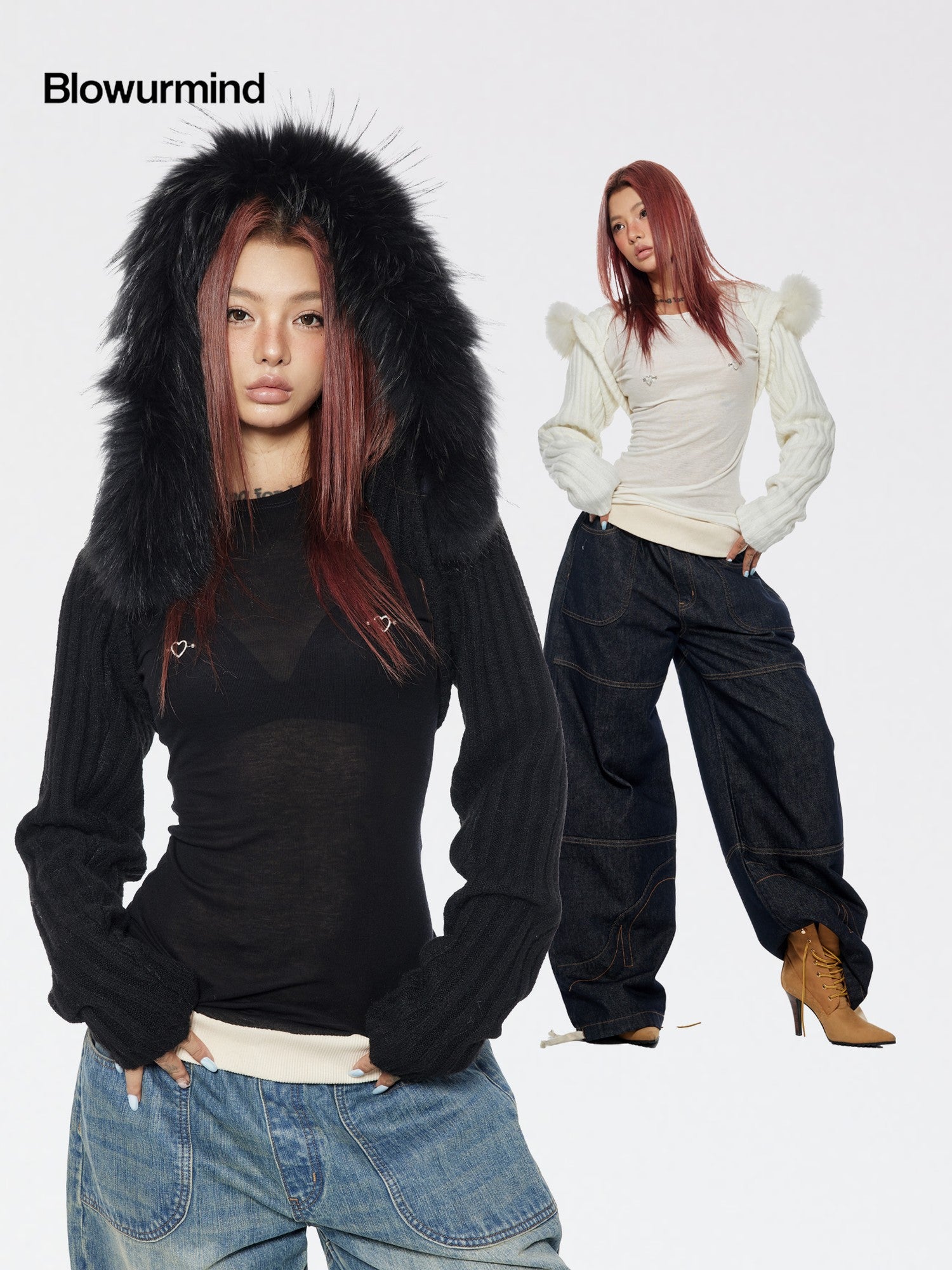 BUM STUDIO Detachable Raccoon Fur Hood Vest Women's Wool Blend Sweaters