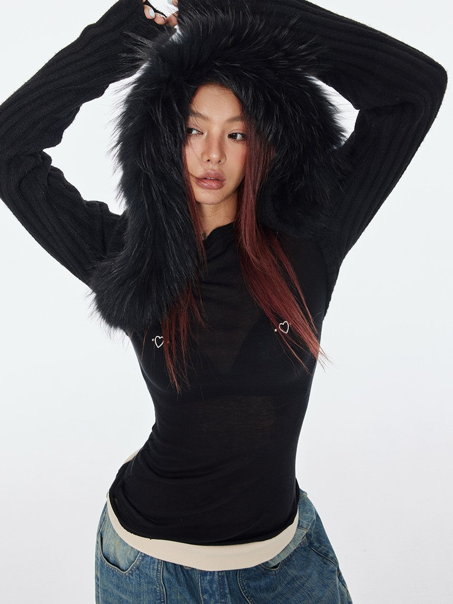 BUM STUDIO Detachable Raccoon Fur Hood Vest Women's Wool Blend Sweaters