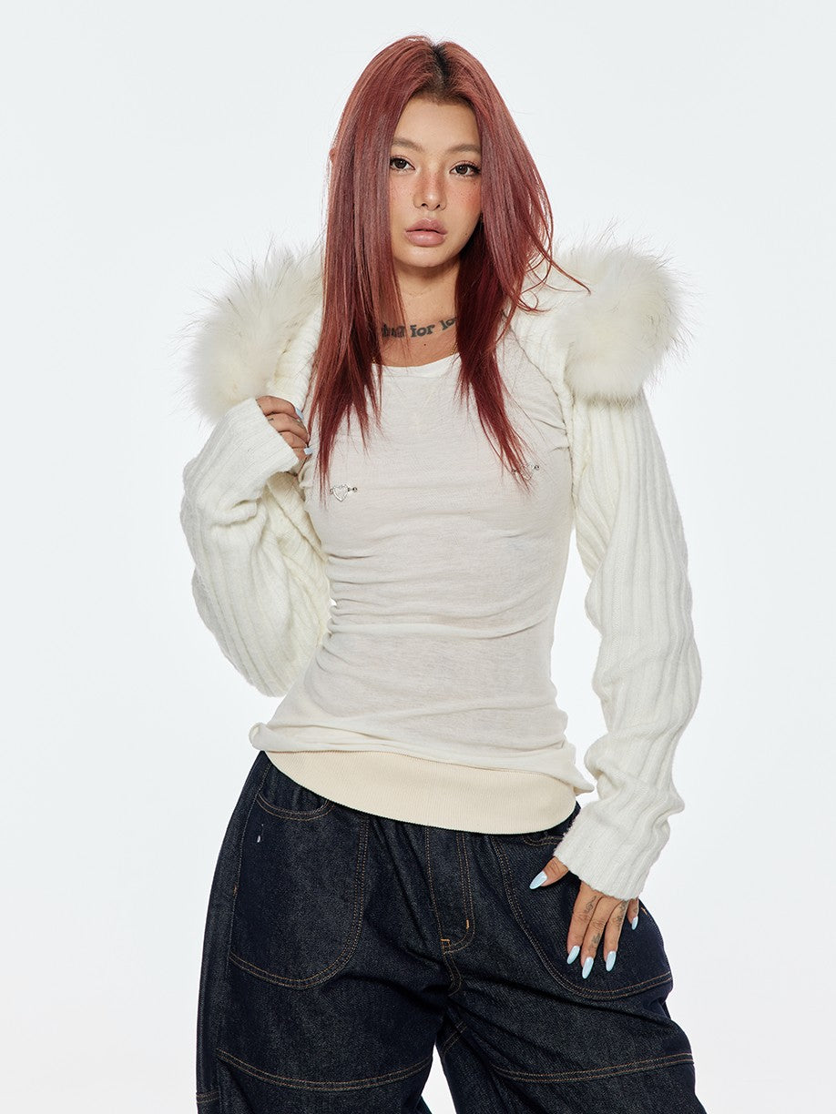 BUM STUDIO Detachable Raccoon Fur Hood Vest Women's Wool Blend Sweaters