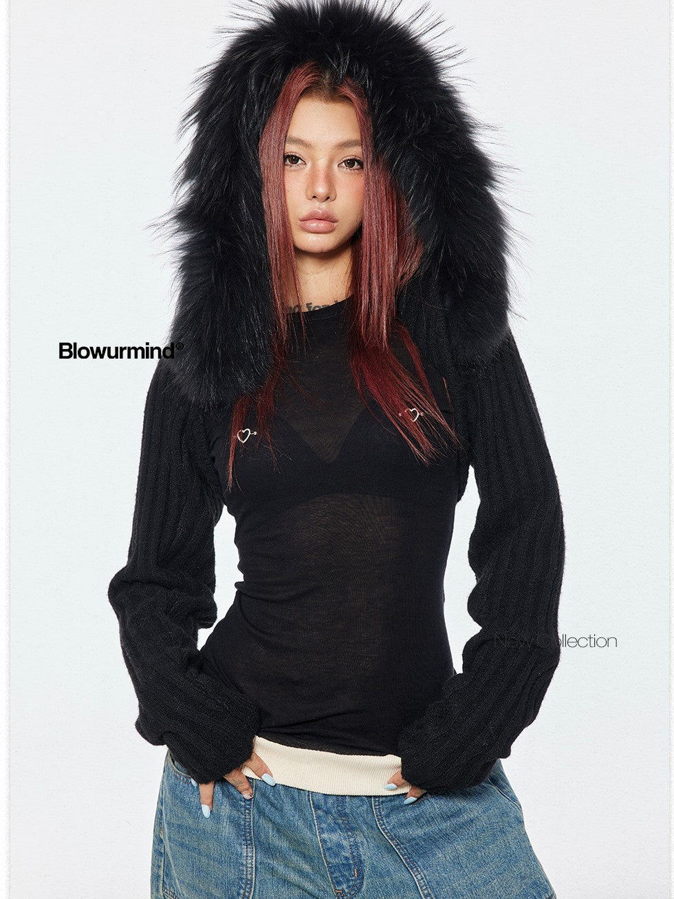 BUM STUDIO Detachable Raccoon Fur Hood Vest Women's Wool Blend Sweaters
