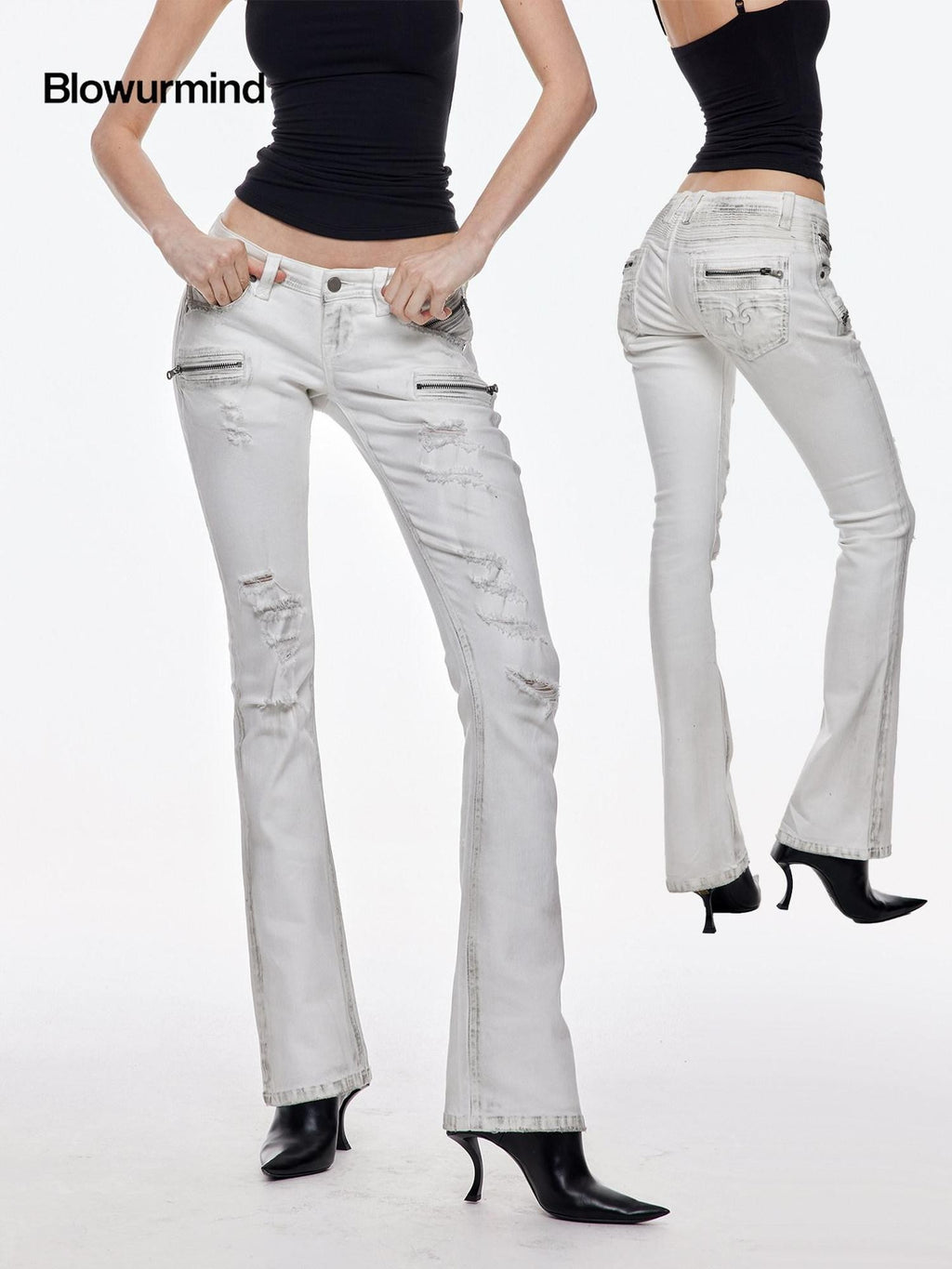 BUM STUDIO Distressed Embossed Slim Low Rise Women's Cotton Stretch Bootcut Jeans